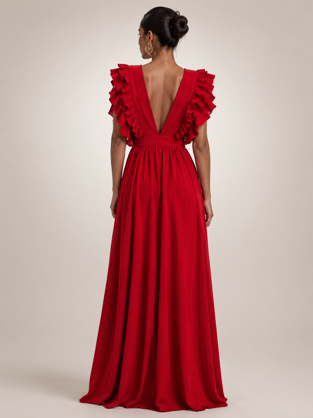 Géraldine — Robe longue dos nu à manches volantées