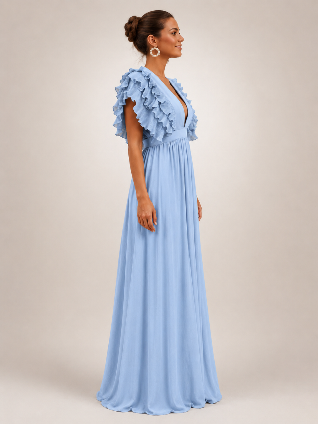 Géraldine — Robe longue dos nu à manches volantées