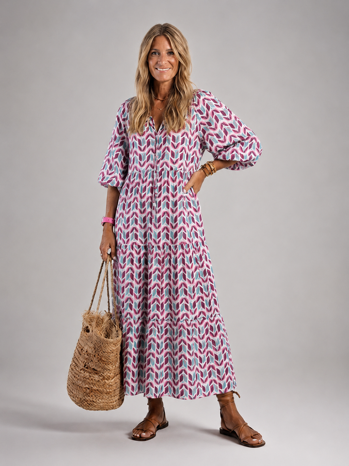 Auréline — Robe longue ikat à manches bouffantes