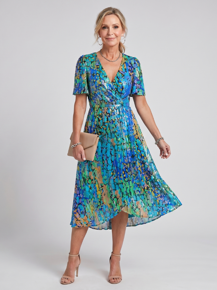 Flavie — Robe midi fleurie à manches papillon, coloris Bleu et vert chatoyant
