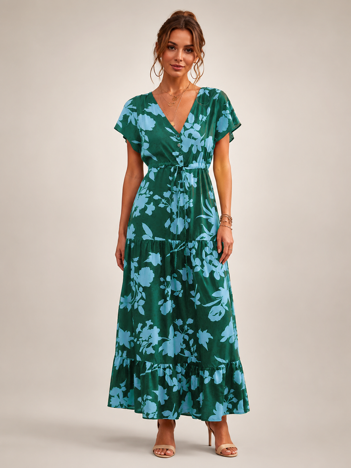 Dorothée — Robe longue à col V et volants, coloris Vert sapin