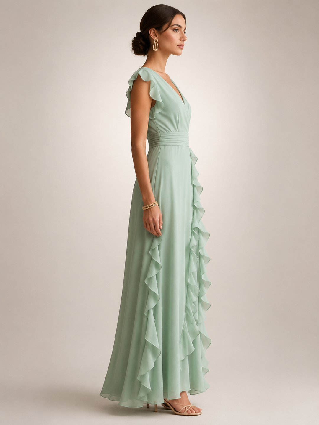 Ghislaine — Robe longue à volant cascade et col V