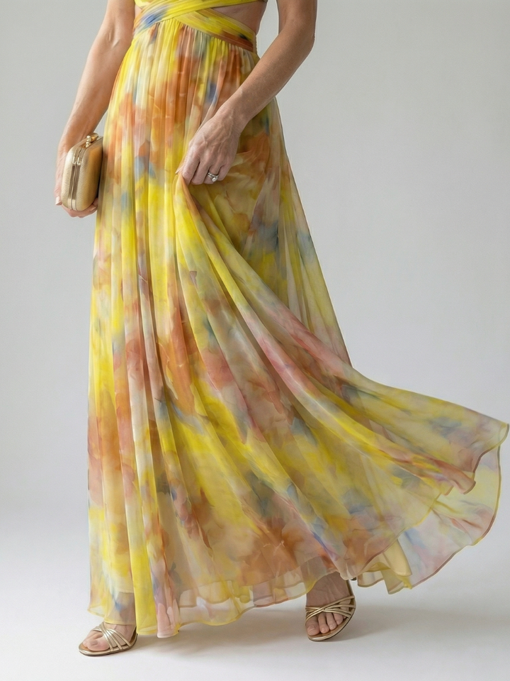 Maïwenn — Robe longue cache-cœur en voile imprimé