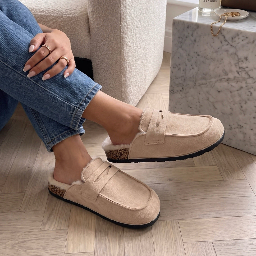 Joëlle | Mules en daim fourrées beiges