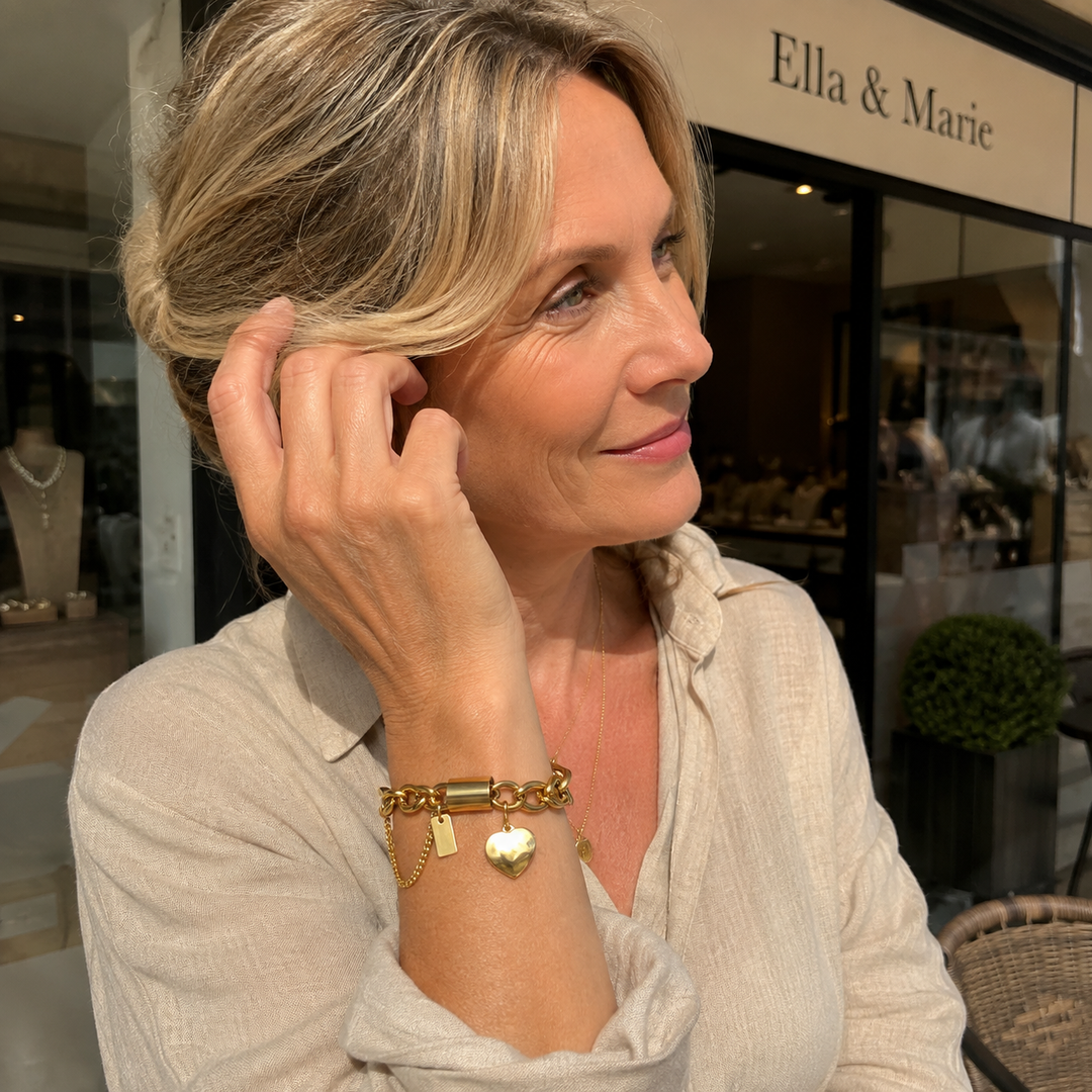 Cadenas Cœur | Bracelet chaîne épais avec pendentif cœur et chaînette de sécurité