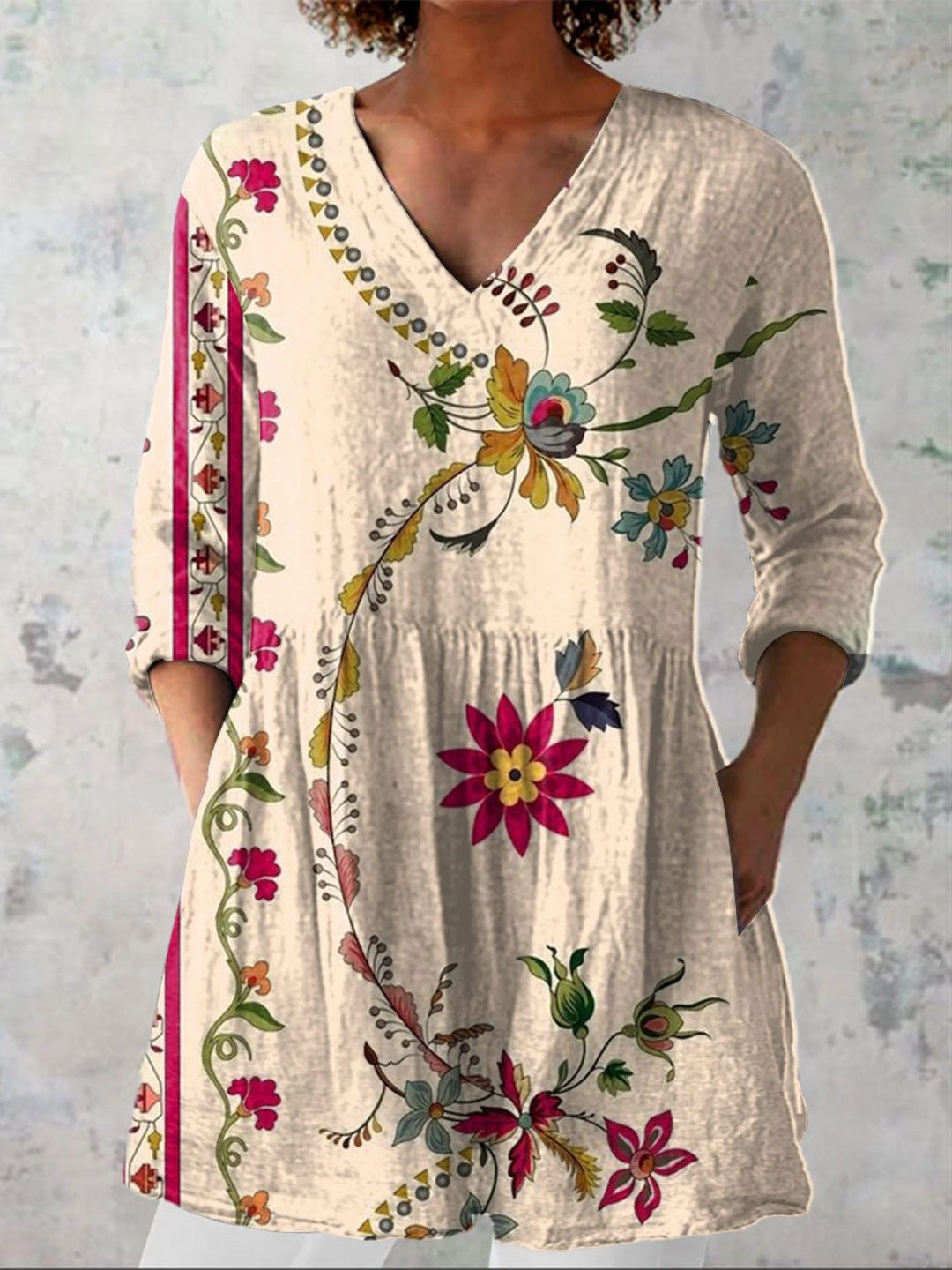 Claudie | Chemisier long col V à motif folk écru
