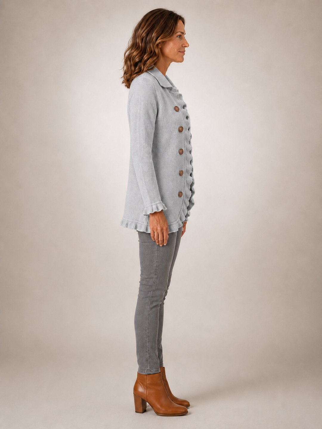 Elowen | Veste gris chiné en maille côtelée à volants