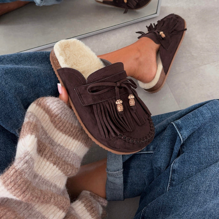 Olivia | Mules fourrées marron à franges