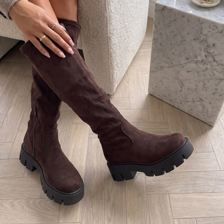Jacinthe | Bottes hautes stretch marron en suédine