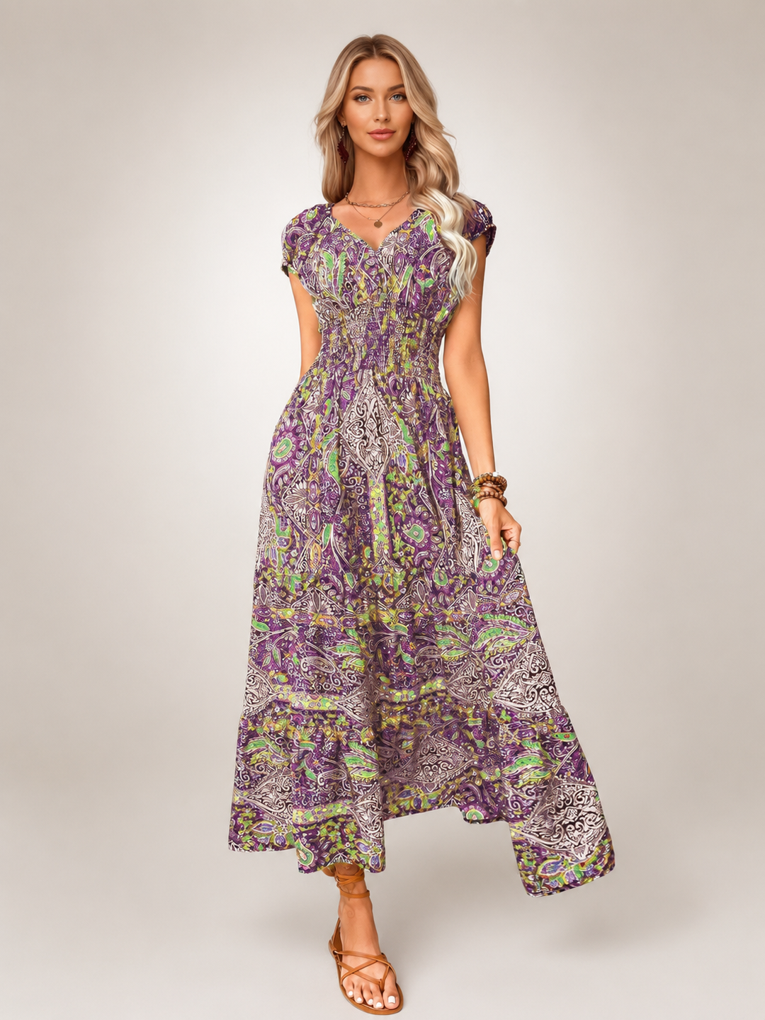 Ombeline — Robe longue bohème à imprimé cachemire, coloris Aubergine