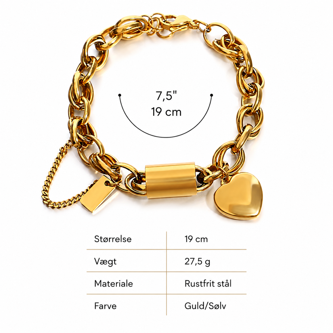 Cadenas Cœur | Bracelet chaîne épais avec pendentif cœur et chaînette de sécurité