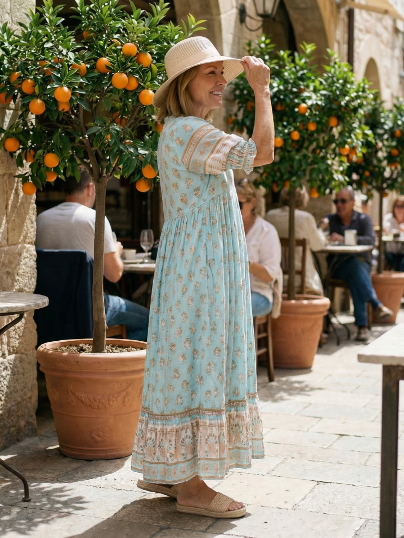 Isaline — Robe longue à imprimé block print, coloris Turquoise