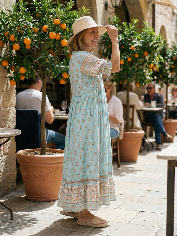 Isaline — Robe longue à imprimé block print, coloris Turquoise