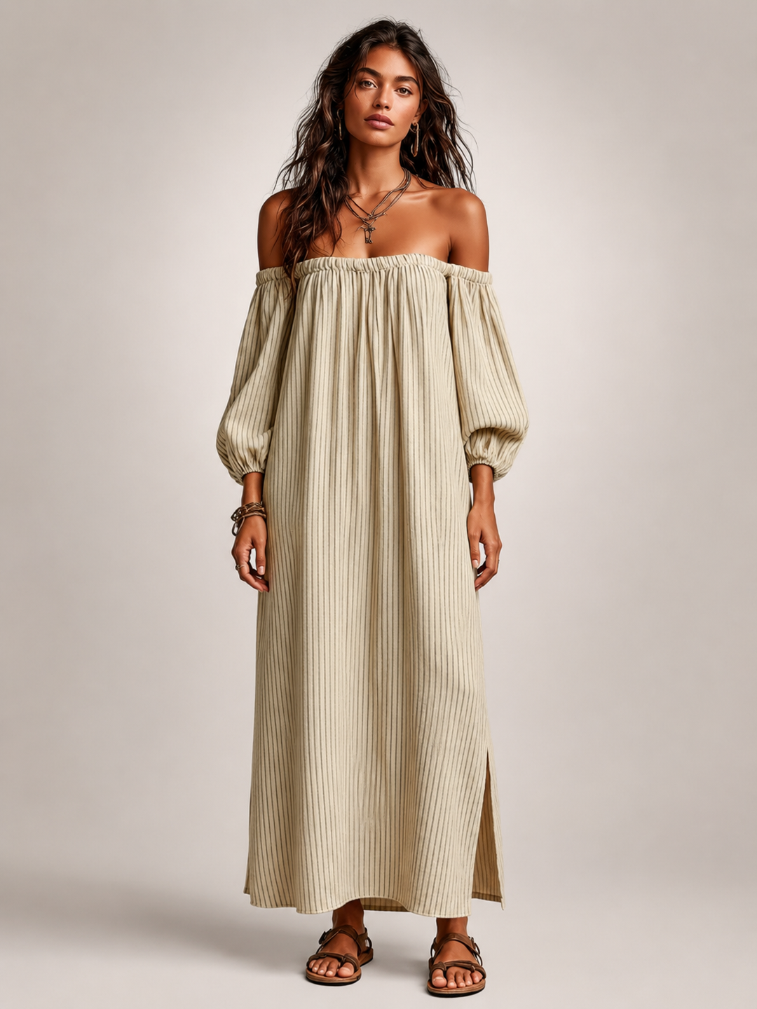 Sixtine — Robe longue épaules dénudées à rayures, coloris Rayé beige
