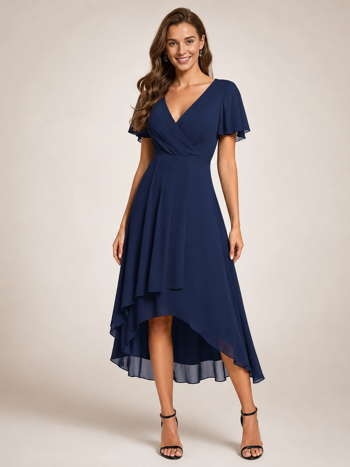 Roxane — Robe midi asymétrique à col V, coloris Bleu marine