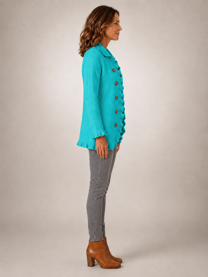 Maribel | Veste turquoise en maille côtelée à volants