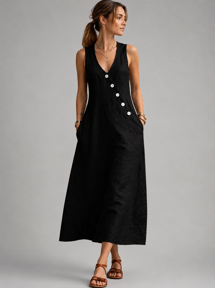 Bathilde — Robe longue sans manches à boutons, coloris Noir