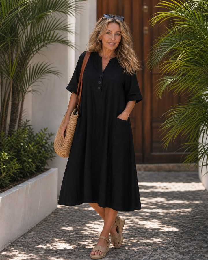 Léontine — Robe midi à manches 3/4 et boutons, coloris Noir