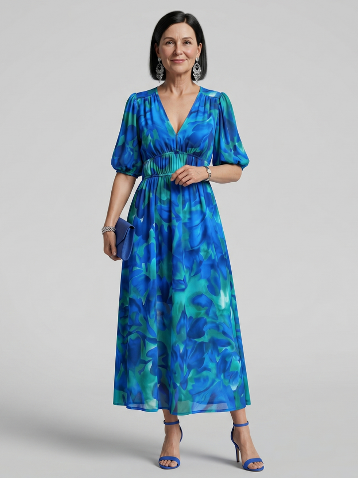 Léopoldine — Robe longue à manches ballon, coloris Bleu