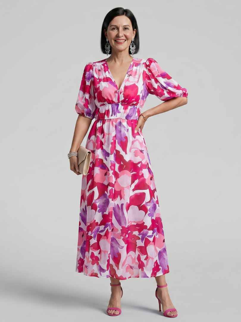 Léopoldine — Robe longue à manches ballon, coloris Rose fuchsia