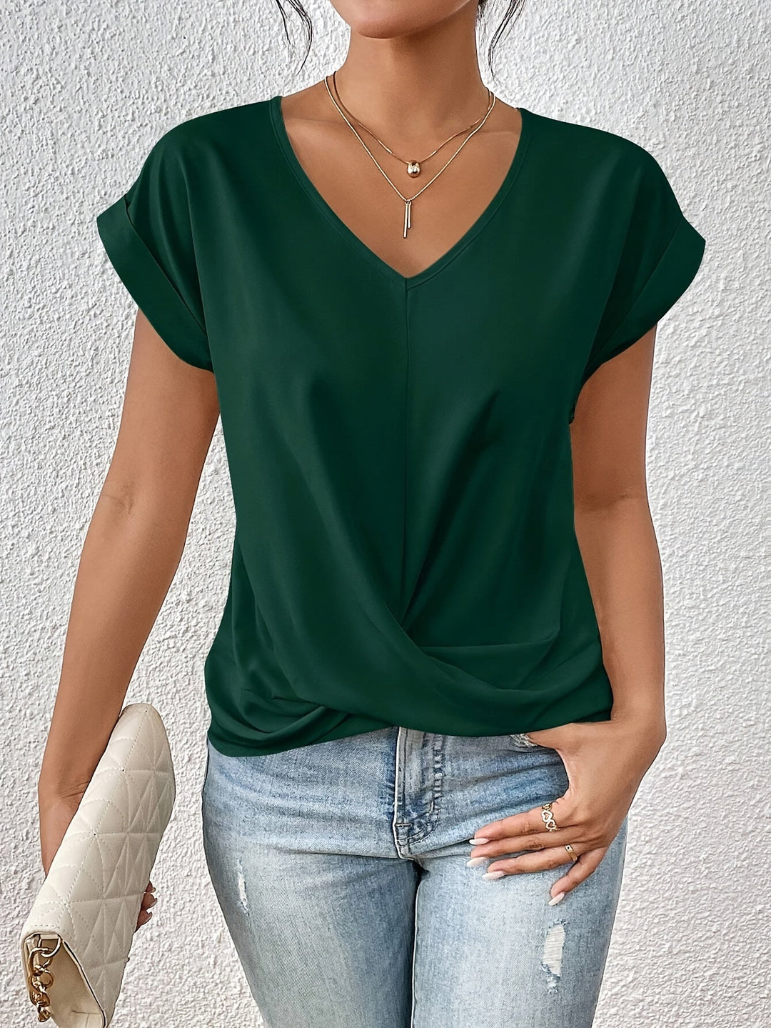 Sylvane | T-shirt col V à bas noué — Vert sapin