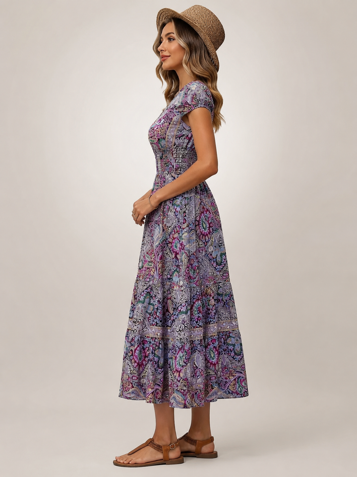 Ombeline — Robe longue bohème à imprimé cachemire