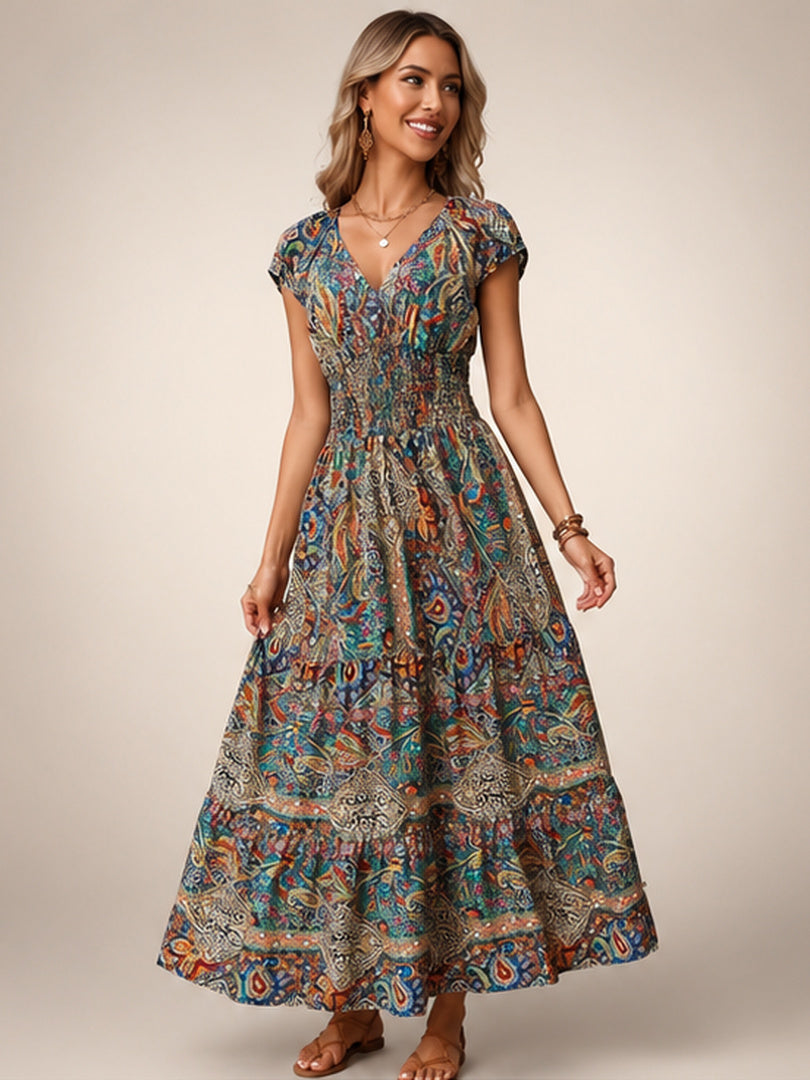 Ombeline — Robe longue bohème à imprimé cachemire, coloris Terracotta