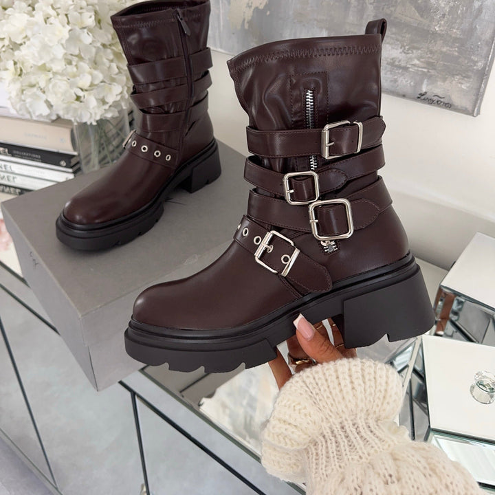 Claire | Bottines motardes marron à boucles