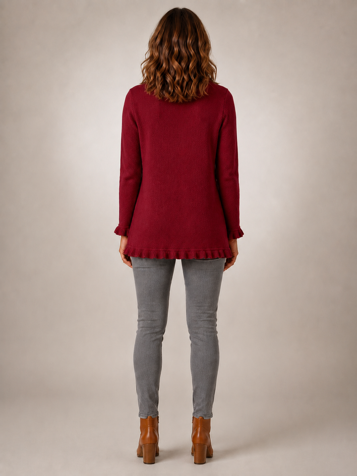 Rosalie | Veste rouge rubis en maille côtelée à volants