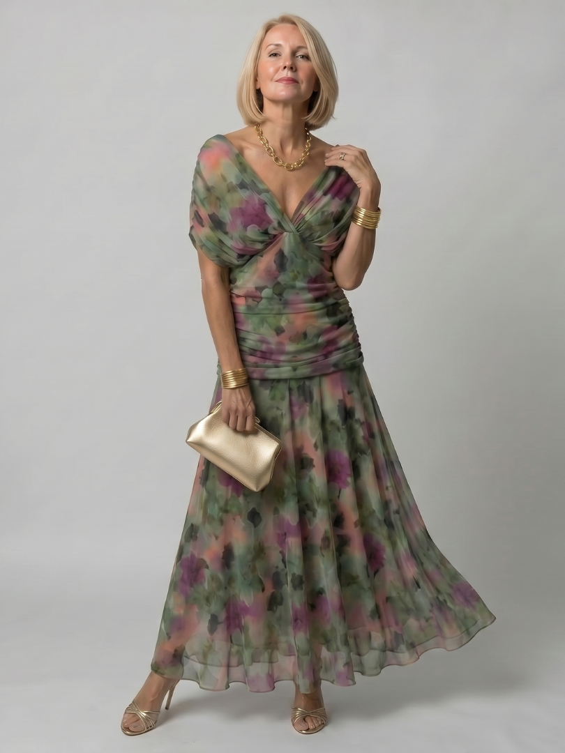 Sidoine — Robe longue épaules dénudées froncée, coloris Vert et rose fleuri