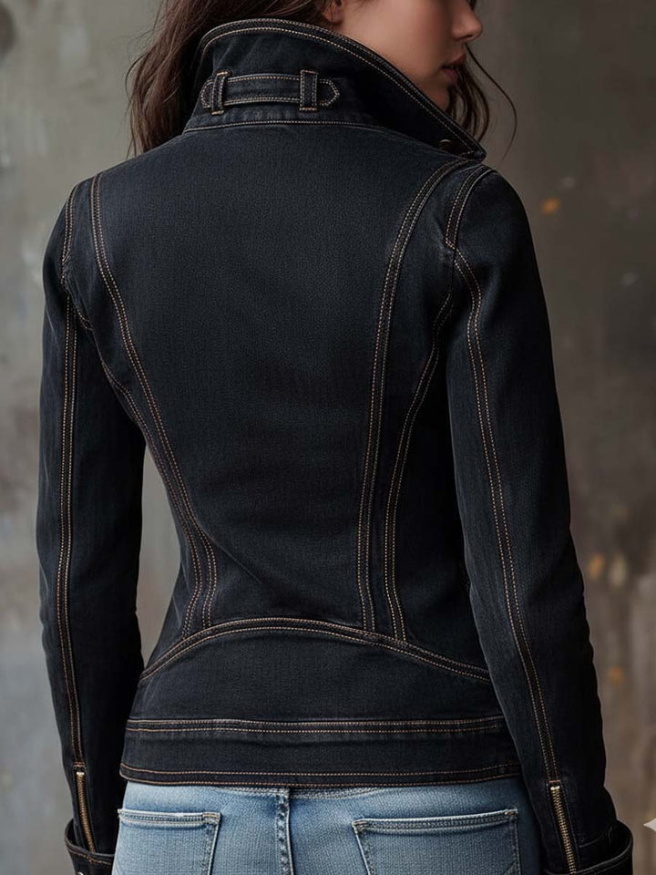 Mélisande | Veste motarde en jean à zip asymétrique