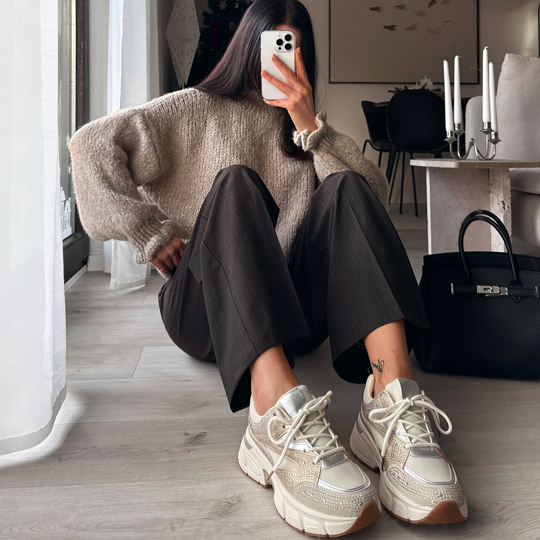 Odette | Baskets beiges ornées de strass