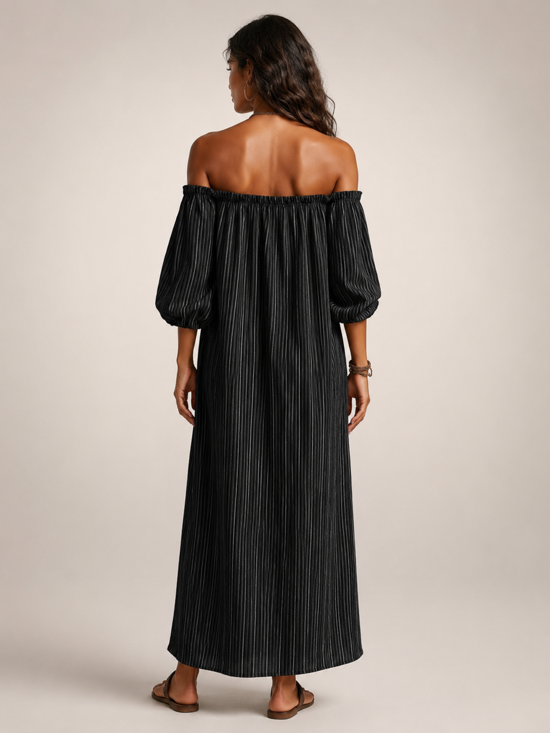 Sixtine — Robe longue épaules dénudées à rayures