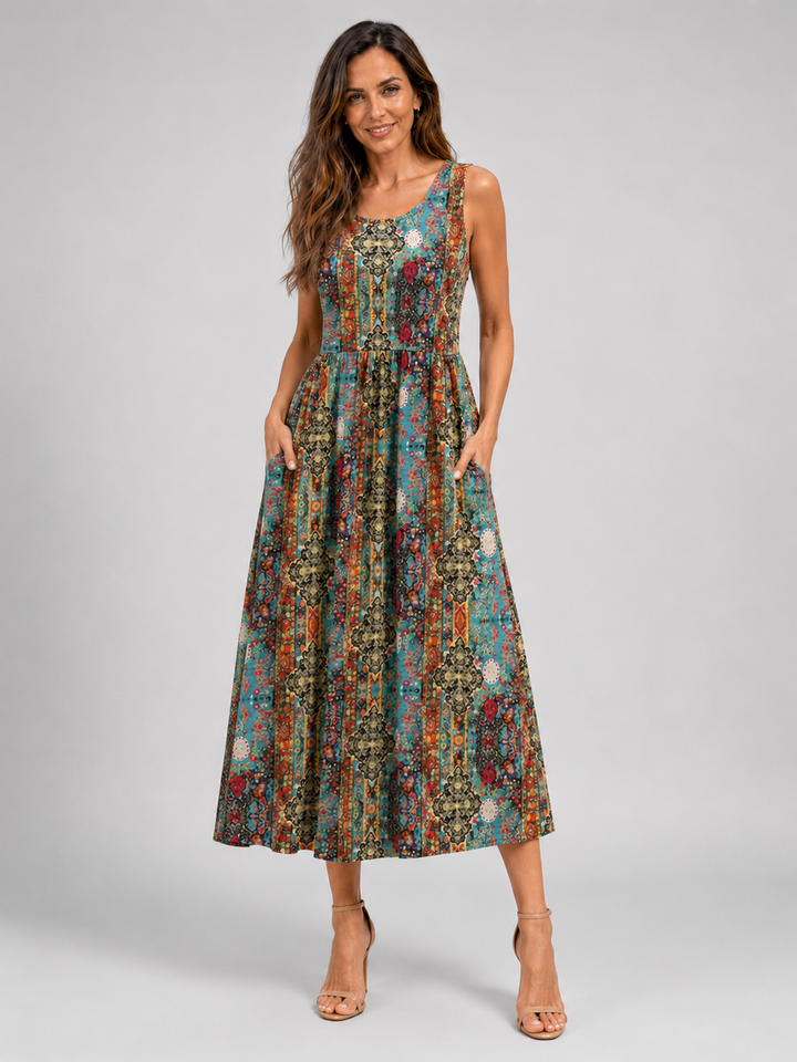 Ambre — Robe midi bohème à col licou, coloris Multicolore paisley