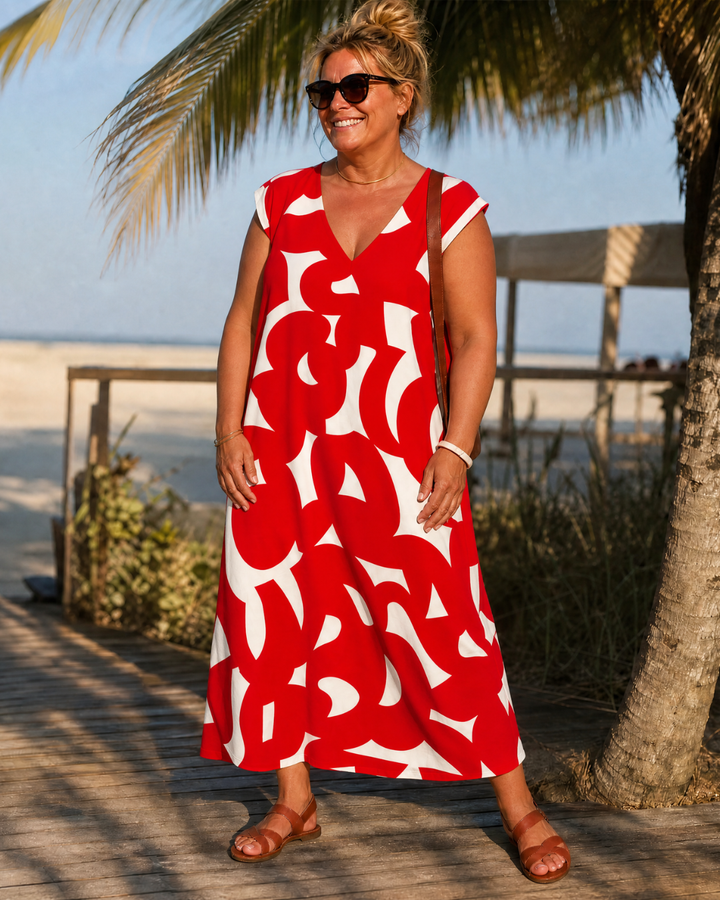 Ondine — Robe longue à imprimé graphique, coloris Rouge et blanc