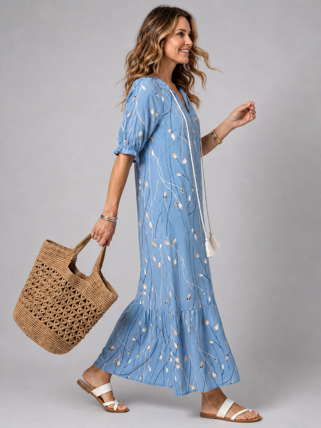 Maïté — Robe longue à lien et pompons
