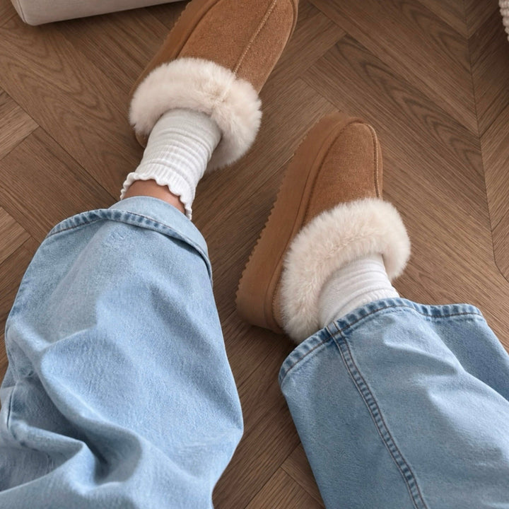 Agnès | Mules fourrées camel à plateforme