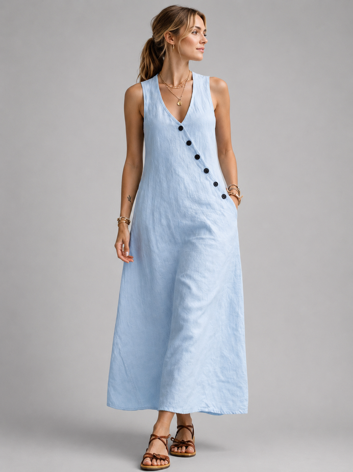 Bathilde — Robe longue sans manches à boutons, coloris Bleu ciel