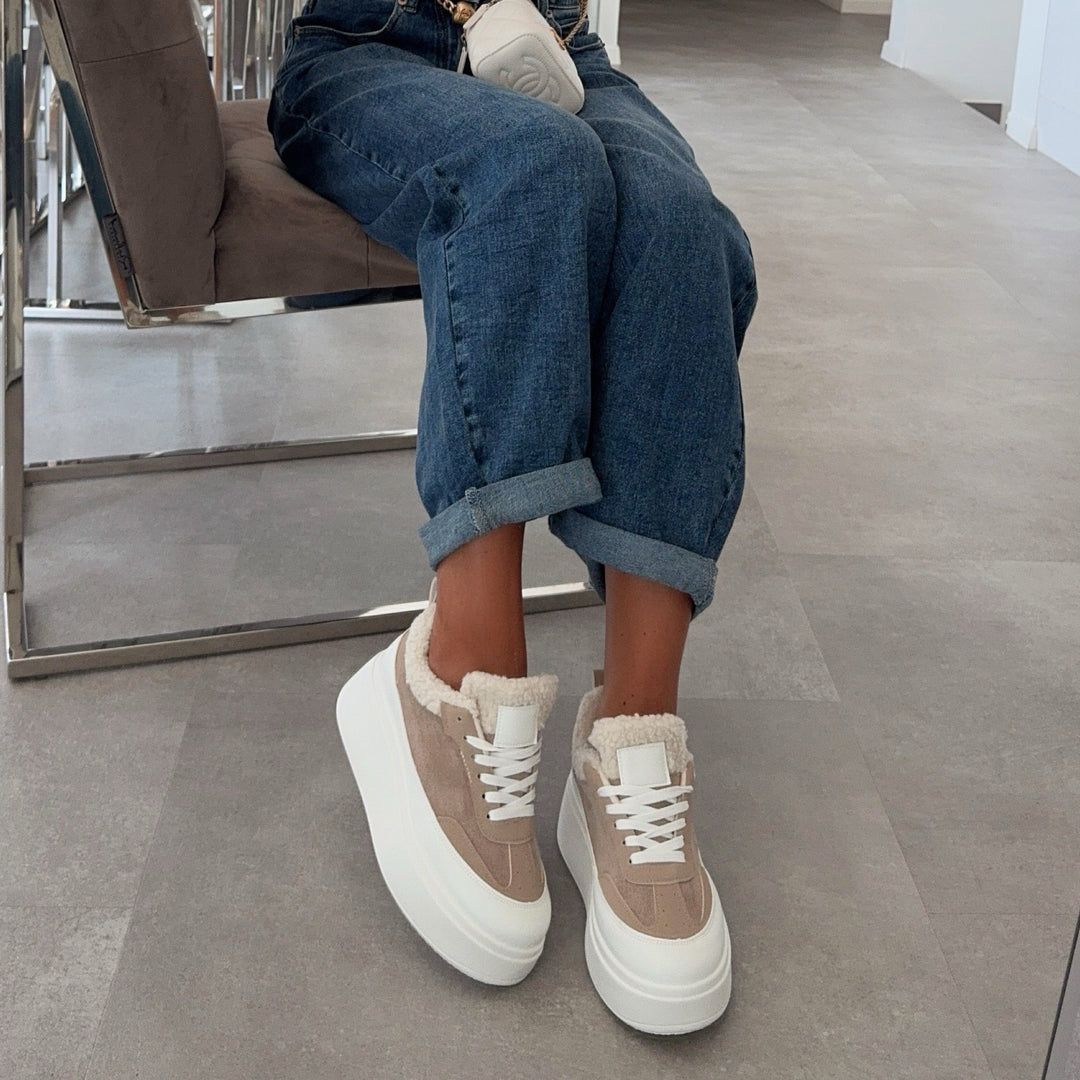 Albertine | Baskets beiges à plateforme et fourrure teddy