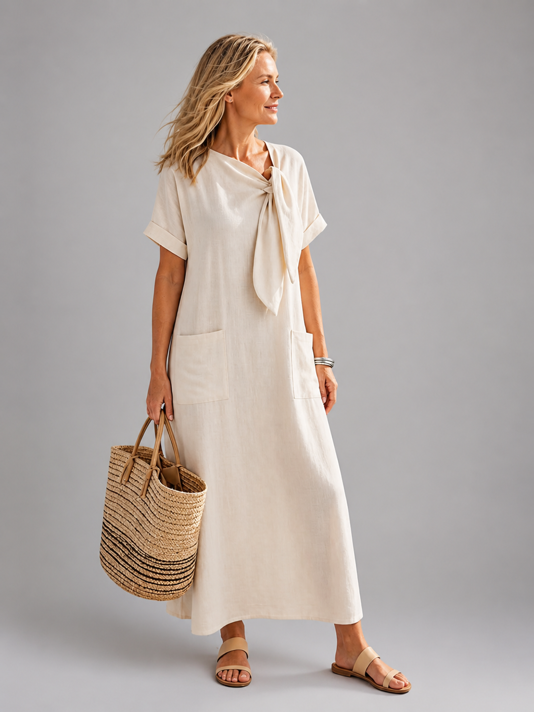 Amélie — Robe longue à col rond et poches