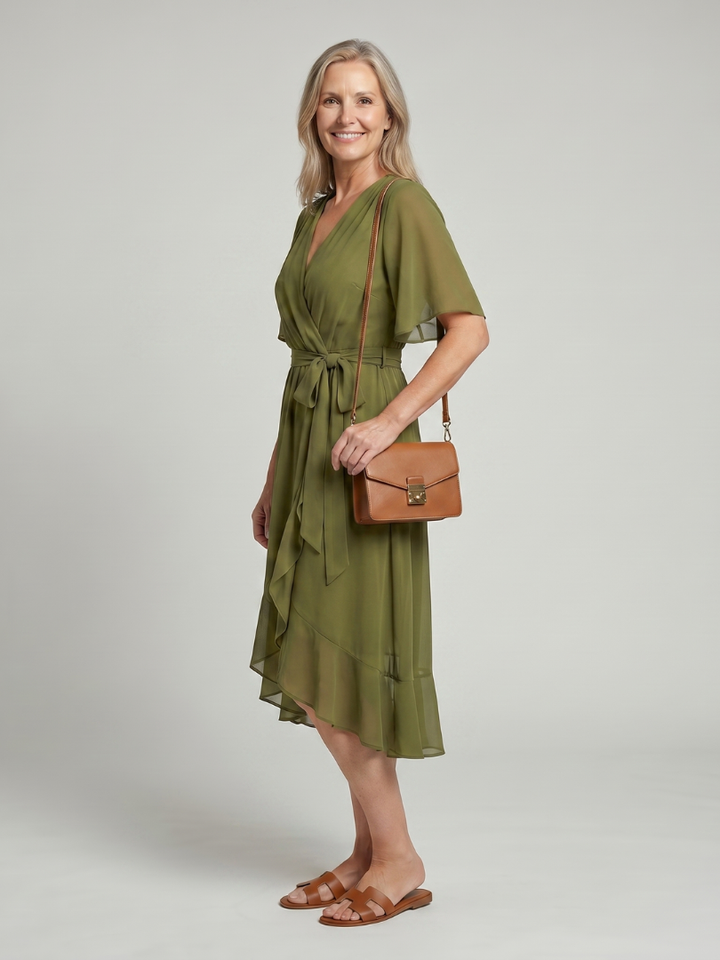 Léane — Robe midi portefeuille à ceinture