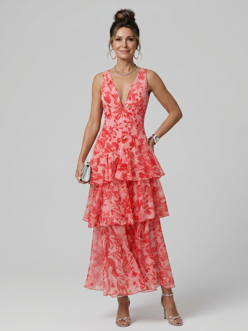 Olympia — Robe longue sans manches à volants étagés, coloris Corail fleuri