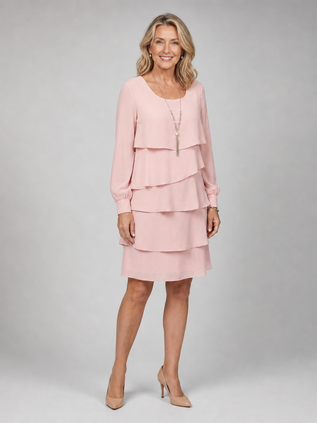 Barbara — Robe à volants et manches longues, coloris Rose poudré