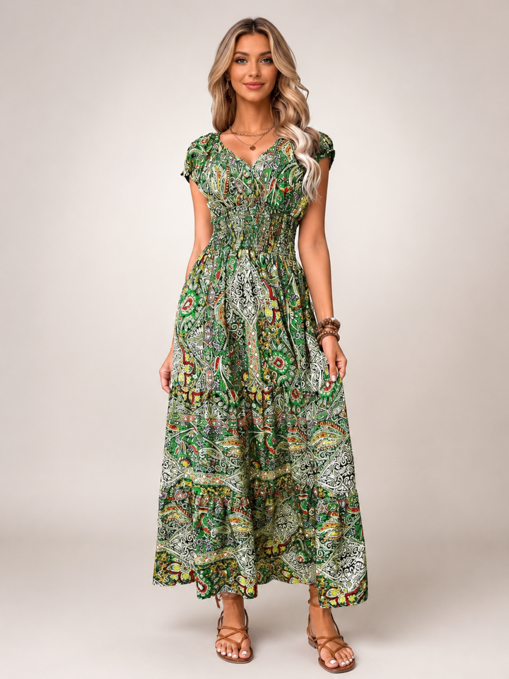 Ombeline — Robe longue bohème à imprimé cachemire, coloris Vert olive