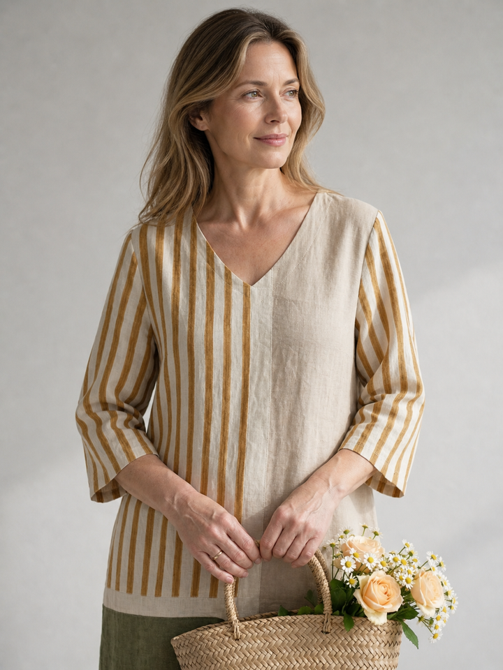 Christiane — Robe midi à rayures et empiècements