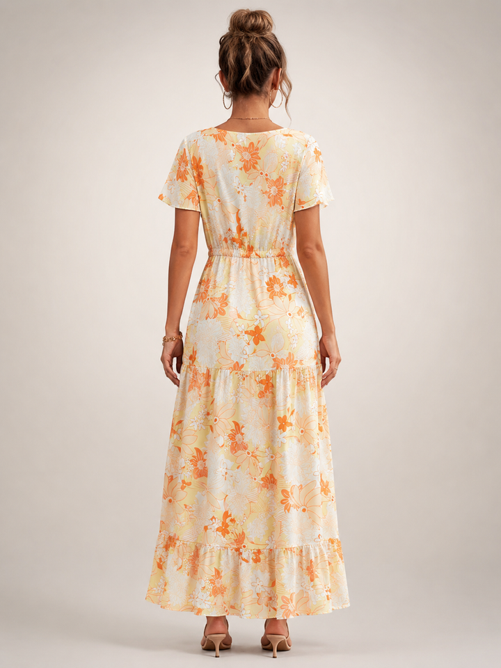 Dorothée — Robe longue à col V et volants