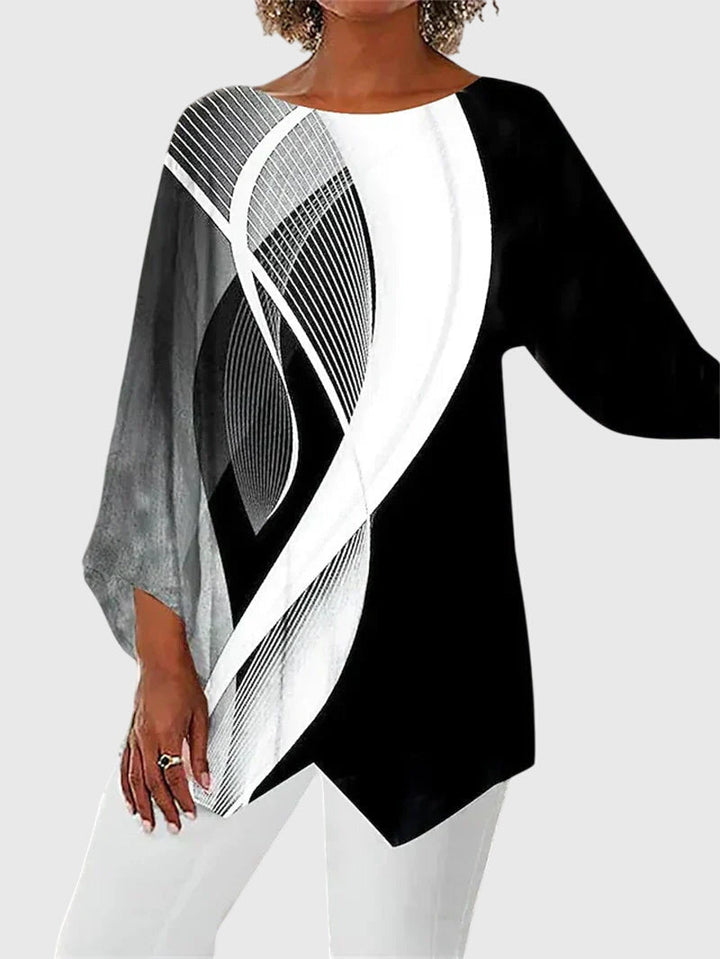 Solveige | Top asymétrique à imprimé graphique — Abstrait noir et blanc