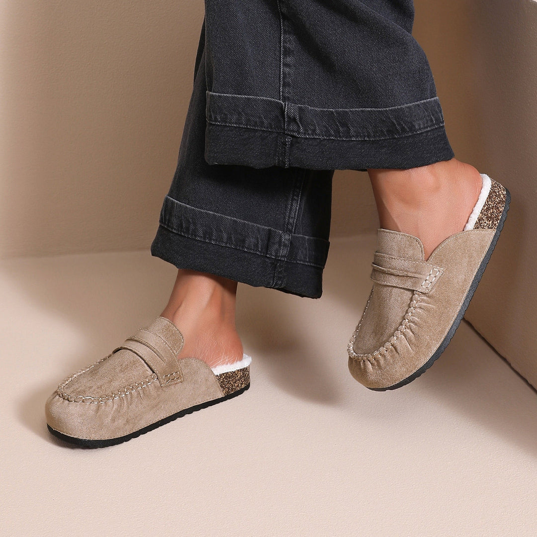 Aurore | Mules fourrées beiges façon mocassin