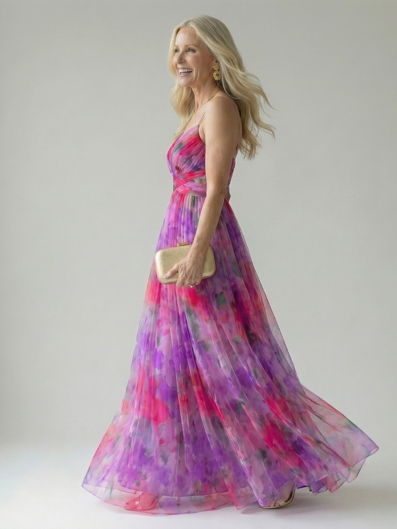 Maïwenn — Robe longue cache-cœur en voile imprimé