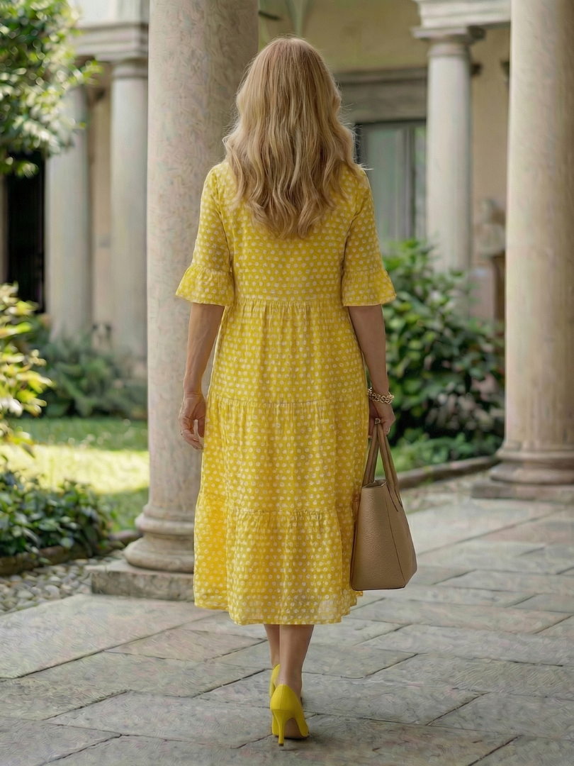 Marielle — Robe midi à pois et volants étagés